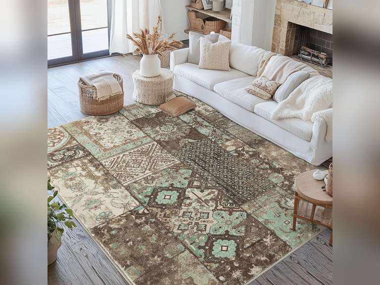 jinchan Boho Area Rug 8x10 Vintage Living Room Rug Patchwork Washable Tribal Mat Indoor Floral Print Decor Non Slip Soft Carpet for Bedroom Kitchen Dining Room Home Office Brown/Teal 49