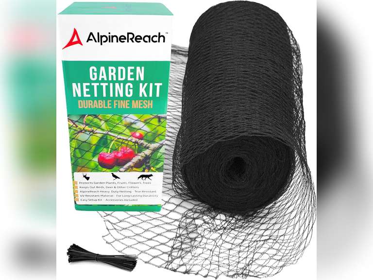 AlpineReach Garden Netting 7.5 x 65 ft Heavy Duty Bird Net, Deer, Plant Protection Extra Strong Woven Mesh, Reusable Kit with Zip Ties, Animal Fencing for Fruits Trees, Black 30
