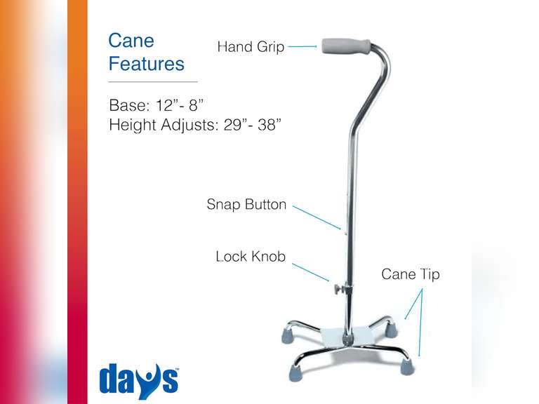 Days Quad Cane with Wide Base, Limited Mobility Aid for Elderly and Handicapped, Walking Stick with 4 Feet for Motor Control and Stability, Walk Assist with Slip Resistant Rubber Tips for Traction 63