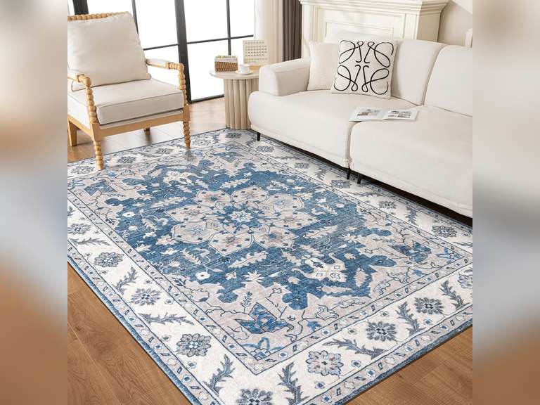Living Room Rug 8x10 Machine Washable Navy Blue Vintage Bedroom Rugs with Rubber Backing - Oriental Large Indoor Soft Floor Carpet for Dining Room Under Table Home Office 150