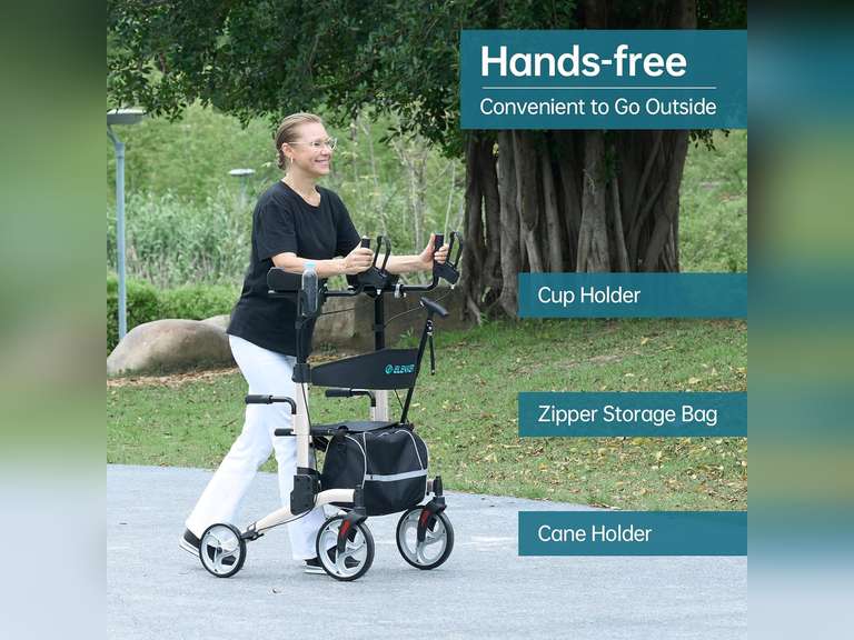 ELENKER Upright Walker, Stand Up Folding Rollator Walker with 10 Front Wheels Backrest Seat and Padded Armrests for Seniors and Adults, Silver 190