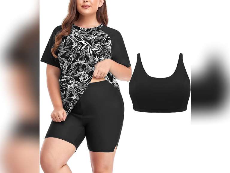 Inno Women's Plus Size 3 Piece Rash Guard Set with Bra Swimsuits Short Sleeve with Boyshorts UPF 50+ Surfing Swimwear, 4XL 40