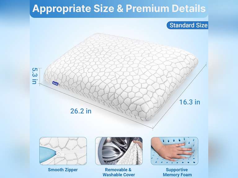 Memory Foam Pillows, Bed Pillow for Side,Back and Stomach Sleepers,Neck Pillow for Sleeping with Removable and Machine Washable Cover, Standard Size (1 Pack) 21