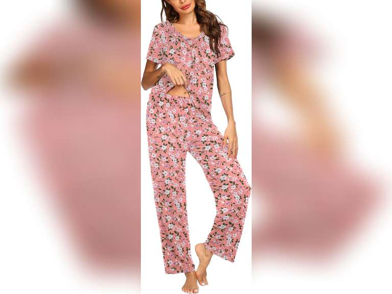 Ekouaer Pajama Set for Women 2 Piece Sleepwear Short Sleeve Pleated Top and Long Pants Soft Pjs Loungewear with Pockets size L 19