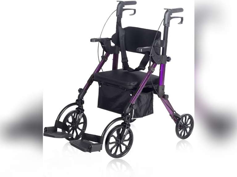 Elenker 2 in 1 Rollator Walker & Transport Chair, Folding Wheelchair Rolling Mobility Walking Aid with Seat Belt, Padded Seat and Detachable Footrests for Adult, Seniors (Purple) 185