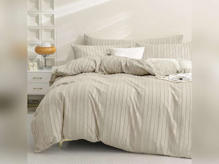 JELLYMONI Duvet Cover Queen Size Light Khaki - 3PCS Boho Striped Duvet Cover Set Polyester Tufted Bohemian Textured Comforter Cover 90 90in with Corner Ties & Zipper and 2 Pillowcases 42
