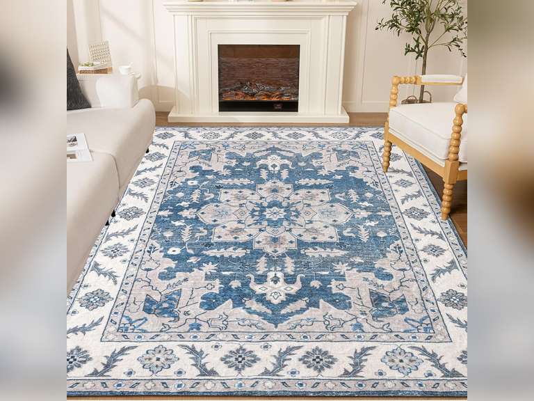 Living Room Rug 8x10 Machine Washable Navy Blue Vintage Bedroom Rugs with Rubber Backing - Oriental Large Indoor Soft Floor Carpet for Dining Room Under Table Home Office 150