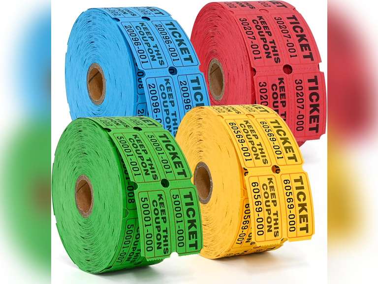 L LIKED 4000 Pairs Double Raffle Tickets - 4 Assorted Colors (Blue, Yellow, Red, Green), 1000 Tickets per Roll for Events, Fundraisers & Parties 26