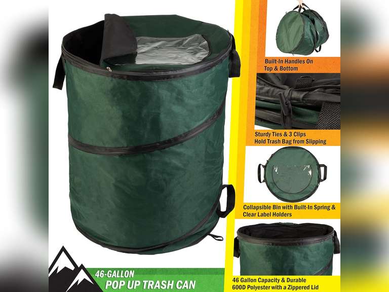 Wakeman Outdoor Trash Can - 46-Gallon Collapsible Garbage Can with 3 Stakes - Pop Up Trash Can for Camping, Storage, or Yard Waste Outdoors (Green) 18