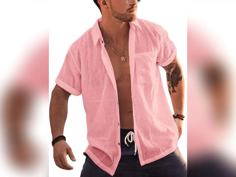 Bbalizko Mens Short Sleeve Button Up Shirts Linen Cotton Beach Tops Spread Collar Plain Summer T Shirt with Pocket 17