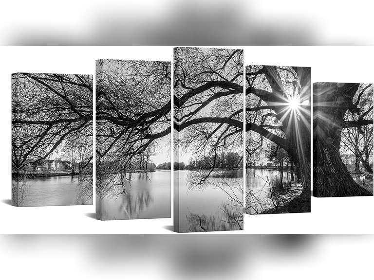 sechars - 5 Pieces Wall Art,Old Tree by Lake Picture Canvas Prints Sunrise Painting Black and White Landscape Canvas Art,Modern Wall Decoration,Framed and Ready to Hang 47