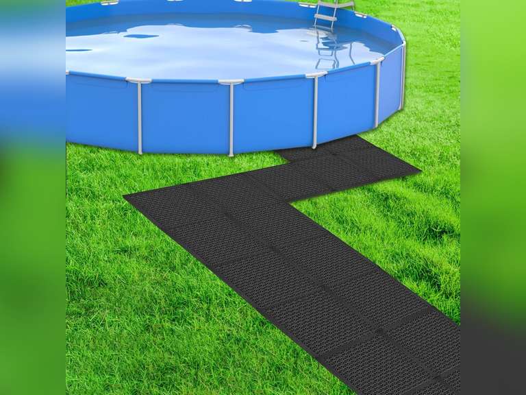 CIEOVO 18 Piece Pool Floor Protector Mat, Non-Slip Waterproof Cushion Floor Tile Drain Mat Above Ground Pools Pathways Walkways Balcony for Protecting Pools Spas Lawns from Wear, Black 22