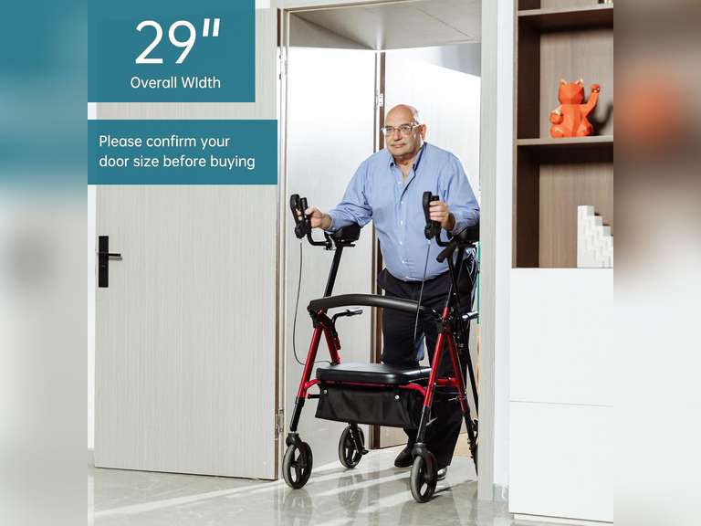 ELENKER Heavy Duty Upright Rollator Walker with Extra Wide Padded Seat and Backrest, Bariatric Stand Up Rolling Walker, Fully Adjustment Frame for Seniors, Red 180