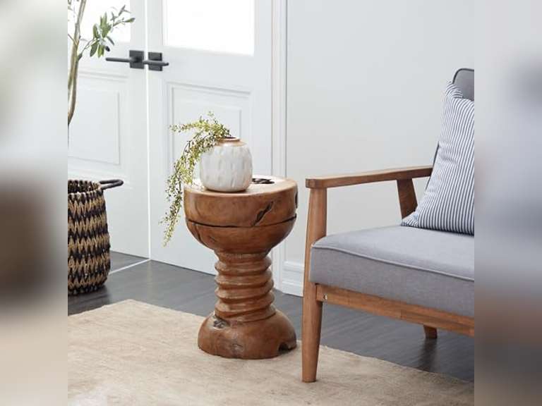 Deco 79 Teak Wood Handmade Side End Accent Table Live Edge End Table with Coiled Base, Side Table 13" x 13" x 20", Brown 106