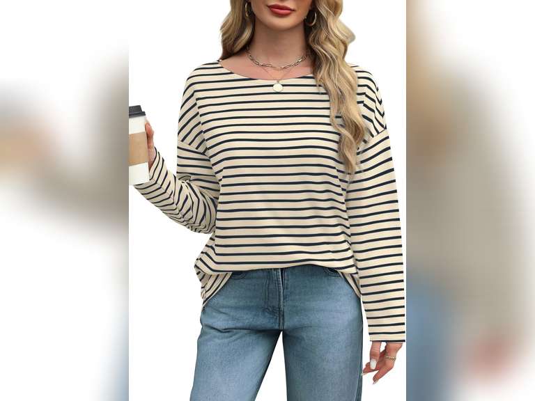 (Similar model) see pictures OFEEFAN Womens Long Sleeve Tops 2024 Striped Shirt Women Drop Shoulder Boat Neck Tops Loose Fit Casual Shirts size S 8
