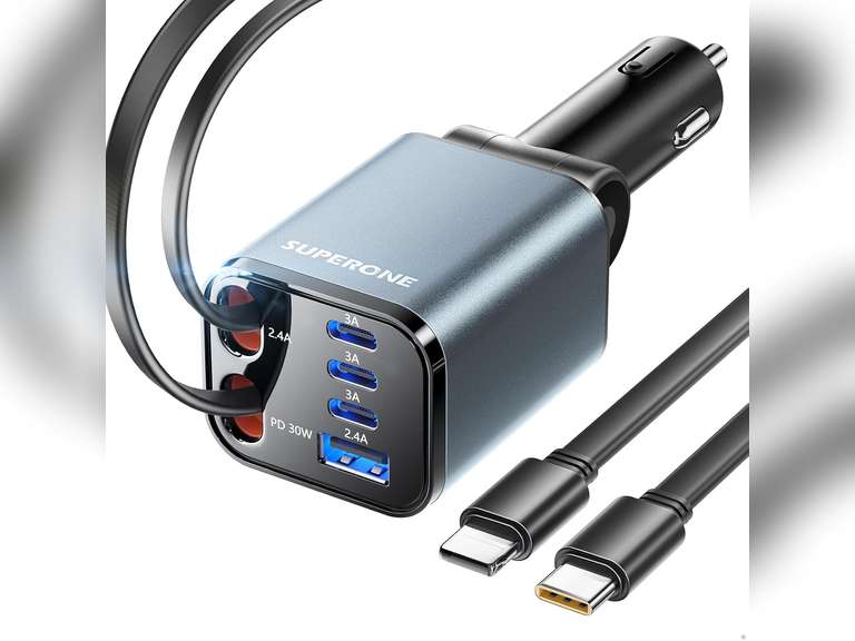 Upgraded SUPERONE Retractable Car Charger, Ultra-Compact 6-Port Car Charger USB C, iPhone Car Chargers Fast Charging with USB C & Apple Cable, Car Accessories Adapter for iPhone 16/15/14/13/12 17