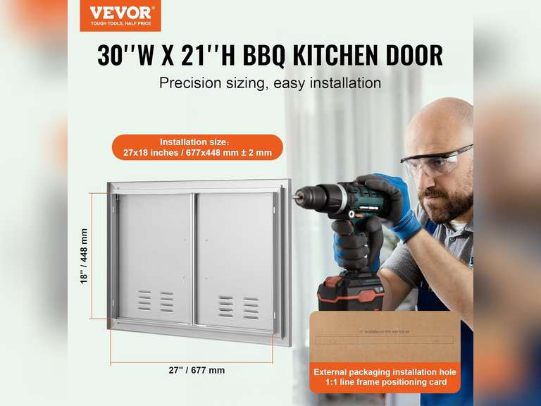 VEVOR BBQ Access Door, 30W x 21H Inch Double Outdoor Kitchen Door, Stainless Steel Flush Mount Door, Wall Vertical Door with Handles and Vents, for BBQ Island, Grilling Station, Outside Cabinet 59