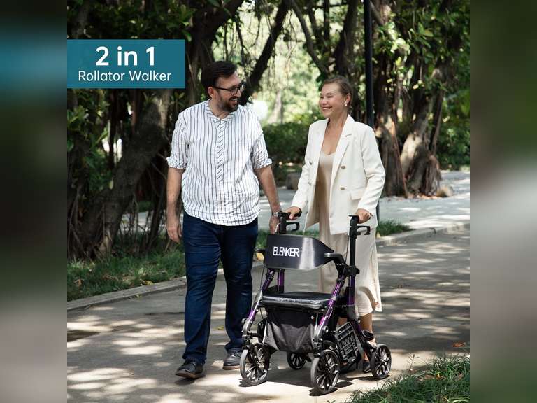 Elenker 2 in 1 Rollator Walker & Transport Chair, Folding Wheelchair Rolling Mobility Walking Aid with Seat Belt, Padded Seat and Detachable Footrests for Adult, Seniors (Purple) 185