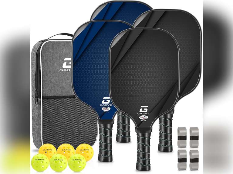 GARYE Pickleball Paddles Set of 4, Carbon Fiber Pickle Ball Paddle, USAPA Approved Lightweight Rackets 4 Pack for Adults and Teenagers, Includes 6 Balls, 1 Bag, and 4 Grip Tapes. 63