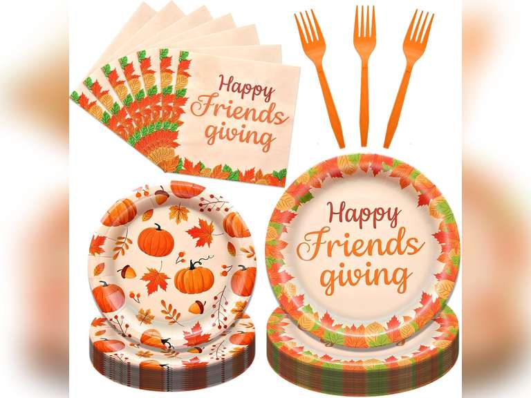 192 Pieces Happy Friendsgiving Tableware Set Party Supplies - Fall Thanksgiving Pattern Disposable Dinnerware with Paper Plates, Napkins, Forks for Autumn Harvest, Friendsgiving Dinner BBQ Picnic 17