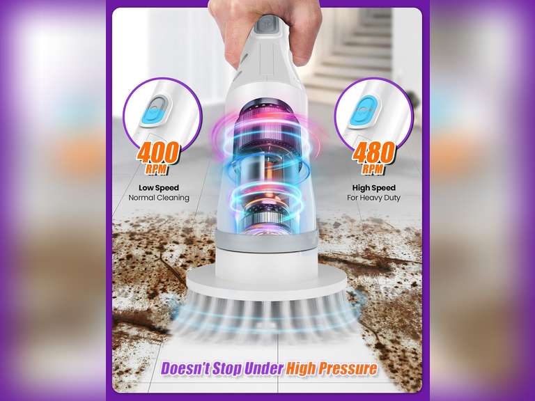 Electric Spin Scrubber, Cordless Shower Scrubber Rotary Floor Brushes & Pad Drivers with 6 Brush Heads - 2H Dual Speed, IPX7 Waterproof Extension Handle for Bathroom Tile Car Cleaning 40