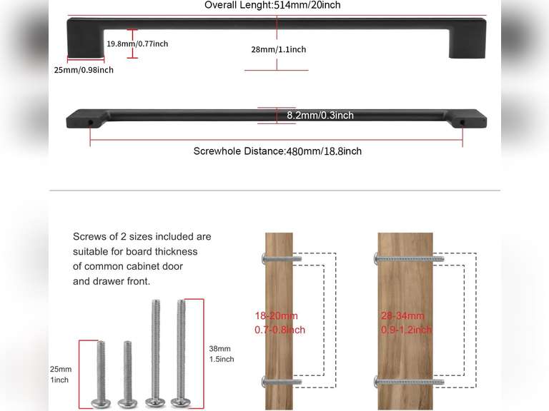 TUNNY 5 Pack Classic Cabinet Handles-18.9"/480mm Screw Spacing Matte Black Furniture Hardware Handles for Kitchen Cabinets Bedroom Cabinet Pulls 100