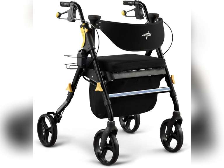 Medline Premium Empower Folding Mobility Rollator Walker with Memory Foam Seat, Black, 300 lb. Weight Capacity, 8 Wheels, Cupholder,Rolling Walker for Mobility Impairment, Adjustable Handles 120