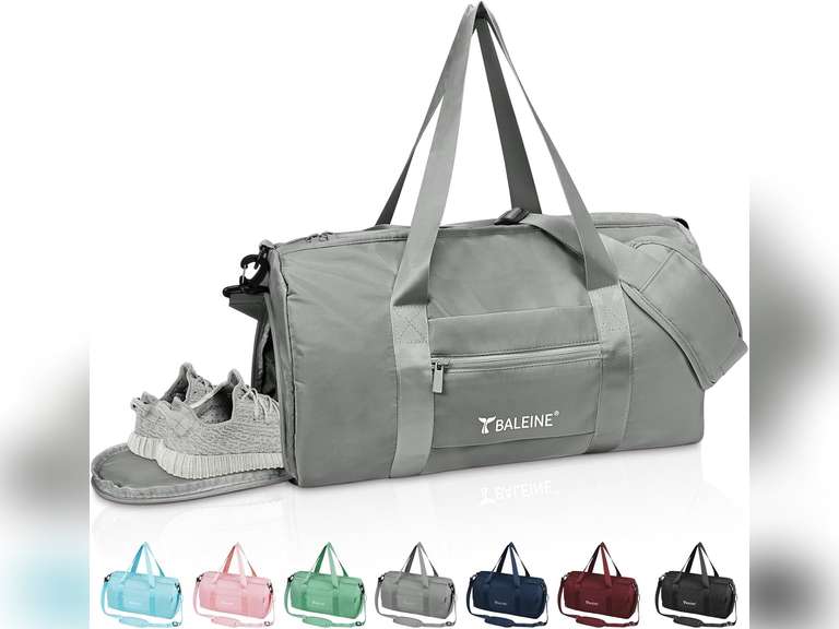 BALEINE Gym Bag for Women and Men, Small Duffel Bag for Sports, Gyms and Weekend Getaway, Waterproof Dufflebag with Shoe and Wet Clothes Compartments, Lightweight Carryon Gymbag (Silver) 19