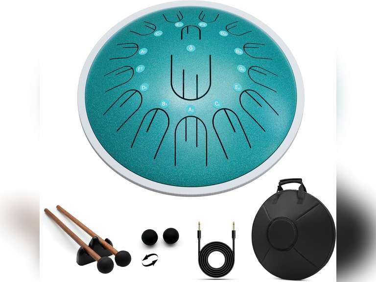 Steel Tongue Drum Electroacoustic, 14 Inch 15 notes steel hanpan tongue drum, G Major Tongue Drum with 2 Full Octaves, Steel Handpan Drums Mallets and Carry Bag, Malachite Green 155