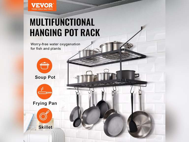VEVOR Pot Rack Wall Mounted, 30 inch Pot and Pan Hanging Rack, Pot and Pan Hanger with 12 S Hooks, 55 lbs Loading Weight, Ideal for Pans, Utensils, Cookware in Kitchen 41