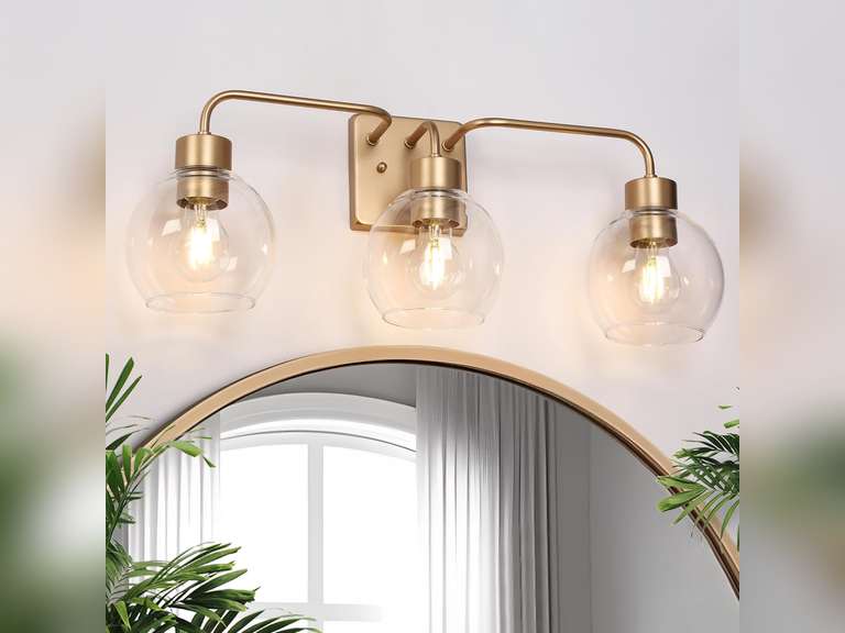 Gold Bathroom Vanity Light 3-Lights Bathroom Light Fixtures Over Mirror with Clear Glass Globe Shade 24.5 inch Modern Gold Wall Sconce Lighting 70