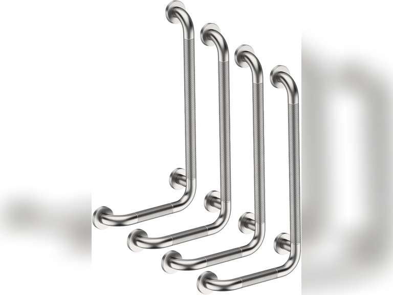Angled Grab Bar 12x24 Inch, YuanDe Brushed Nickel L-Shaped Shower Grab Bar w/Anti-Slip Knurled Grip, Stainless Steel Bath Balance Bar,Wall Mounted Safety Hand Rail Support for Handicap Elderly(4 Pack) 76
