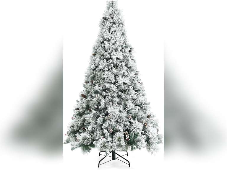 7ft Snow Flocked Christmas Tree, Artificial White Christmas Tree with 1014 Snow Branch Tips, Red Berries, Pine Cones, Hinged Xmas Tree w/Metal Stand, for Holiday Festival Decoration 257