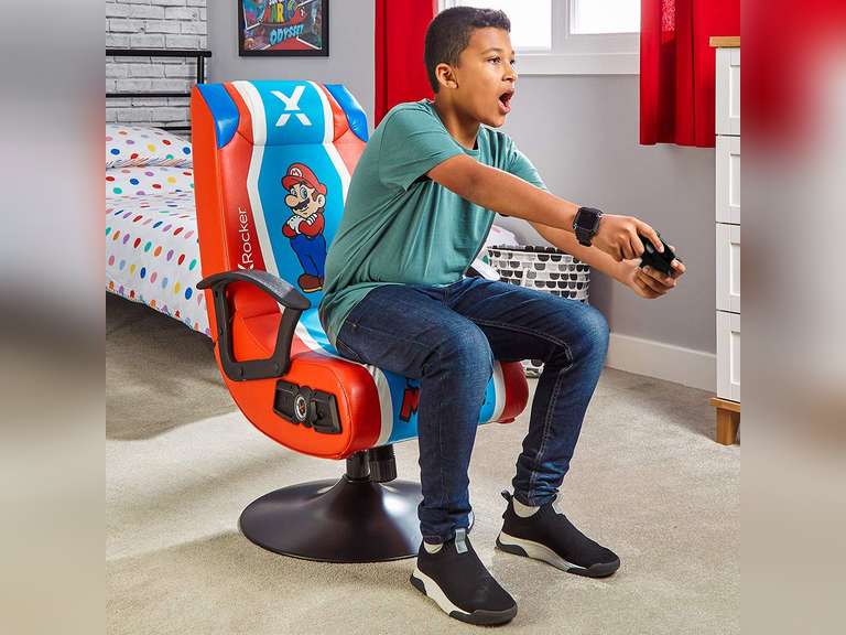 X-Rocker Officially Licensed Nintendo Super Gaming, Pedestal Folding Chair with 2.1 Audio Built-in Mario-Red/Blue 1 341