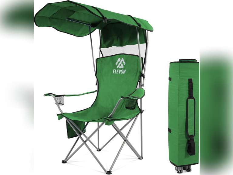Elevon Camping Chair, Oversized Folding Chair with Canopy, Portable Outdoor Chair with Arms, Cup Holder and Carry Bag for Camping, Fishing, Beach, and Sports, Green 97