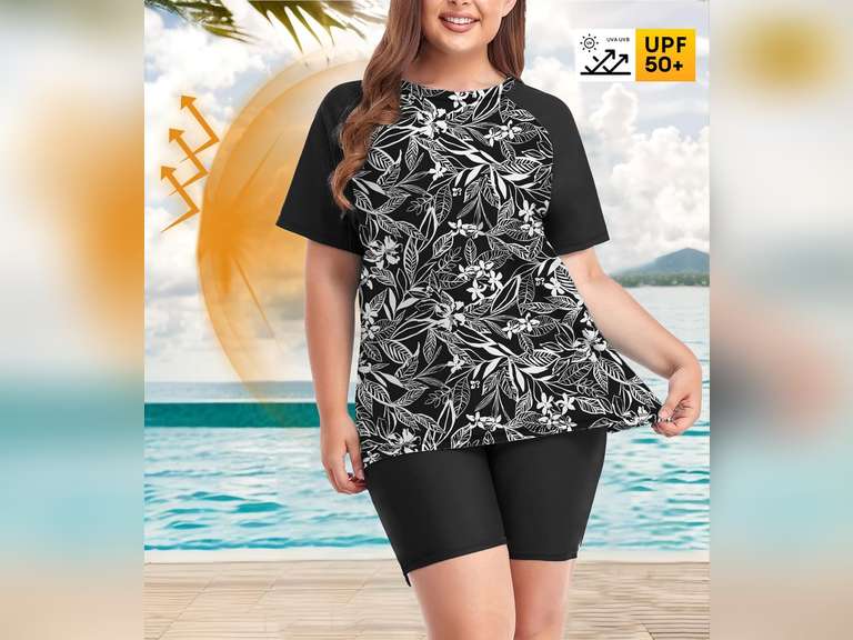 Inno Women's Plus Size 3 Piece Rash Guard Set with Bra Swimsuits Short Sleeve with Boyshorts UPF 50+ Surfing Swimwear, 4XL 40