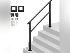 VEVOR Outdoor Handrails for Steps, 4-5 Step Stair Rail Kit, Black Square Tube with Horizontal Bar, Carbon Steel Support Rails for Seniors, Concrete & Deck Stairs, Easy Installation 64