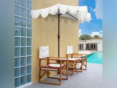 JONATHAN Y UMB1201D Beverly 9 ft. Designer Classic Scalloped Fringe Half Market Patio Umbrella with Crank, Push Button Tilt and UV Protection in Cream/White 144