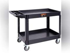 VEVOR Utility Service Cart, 2 Shelf 550LBS Heavy Duty Plastic Rolling Utility Cart with 360 Swivel Wheels (2 with Brakes), Large Lipped Shelf, Ergonomic Storage Handle for Warehouse/Garage/Cleaning 108