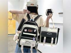 5Pcs Kawaii Cute Backpacks Combo Set with Bear Pendant Pins Patchwork Japanese Aesthetic Anime Bunny Daypack Bag Kit (Black) 32