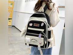 5Pcs Kawaii Cute Backpacks Combo Set with Bear Pendant Pins Patchwork Japanese Aesthetic Anime Bunny Daypack Bag Kit (Black) 32