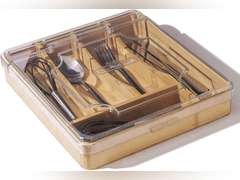 Kitchen Drawer Organizer, 13 Inch Silverware Utensil Tray Holder,with Removable Lid, 5 Slots Total Bamboo Wood Caddy for Flatware Cutlery Knives, Forks, Spoons. 24