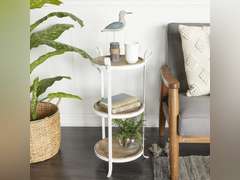 Deco 79 Metal Round Accent Table with Brown Wood Tabletops, 14" x 14" x 28", White 437