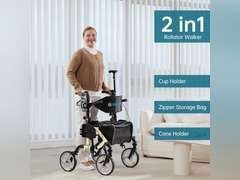 ELENKER 2 in 1 Rollator Walker & Transport Chair, Folding Wheelchair with 10 Non-Slip Wheels for Seniors, Reversible Backrest & Detachable Footrests, Champagne 144