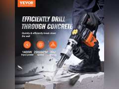 VEVOR Demolition Jack Hammer, 1400W Electric Jackhammer Heavy Duty, 2900 BPM Concrete Breaker 2pcs Chisels Bits Chipping W/Case, Gloves 74