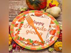 192 Pieces Happy Friendsgiving Tableware Set Party Supplies - Fall Thanksgiving Pattern Disposable Dinnerware with Paper Plates, Napkins, Forks for Autumn Harvest, Friendsgiving Dinner BBQ Picnic 17