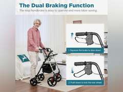 ELENKER Rollator Walker with 10 Wheels, Sponge Padded Seat and Backrest, Fully Adjustment Frame for Seniors, Champagne 81