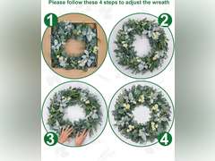 24 Inch Eucalyptus Wreath,Artificial Wreaths for Front Door, Year Round Greenery Wreath with Eucalyptus Boxwood Leaf Little Daisy Lambs Ear for Home,Outside Spring/Summer,All Seasons-Indoor/Outdoor 53