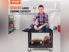VEVOR Utility Service Cart, 2 Shelf 550LBS Heavy Duty Plastic Rolling Utility Cart with 360 Swivel Wheels (2 with Brakes), Large Lipped Shelf, Ergonomic Storage Handle for Warehouse/Garage/Cleaning 108