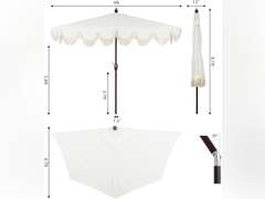 JONATHAN Y UMB1201D Beverly 9 ft. Designer Classic Scalloped Fringe Half Market Patio Umbrella with Crank, Push Button Tilt and UV Protection in Cream/White 144